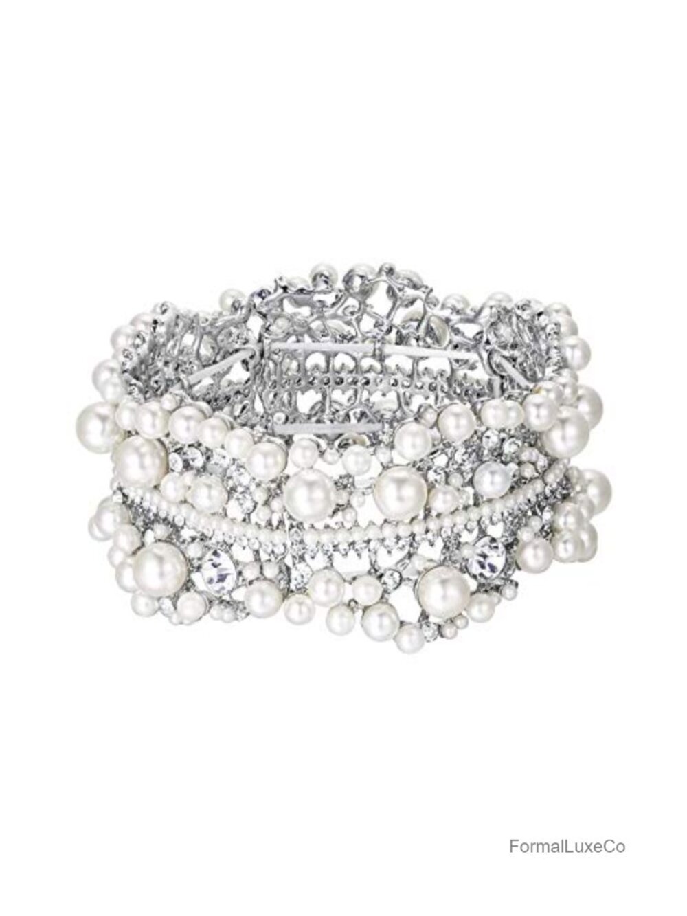 Crystal Faux Pearl Flower Stretch Bracelet Women's Bridal Jewelry